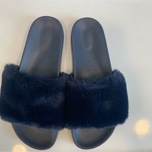 J. Crew Dark Blue Faux Fur Slippers